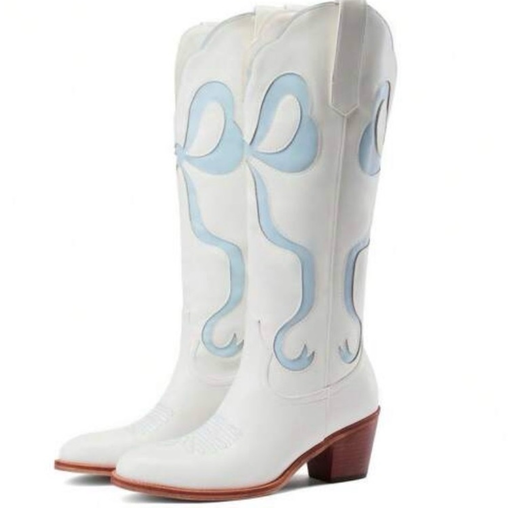 Women's White Western Cowboy Boots with Light Blue Bow Accent- no box, worn once